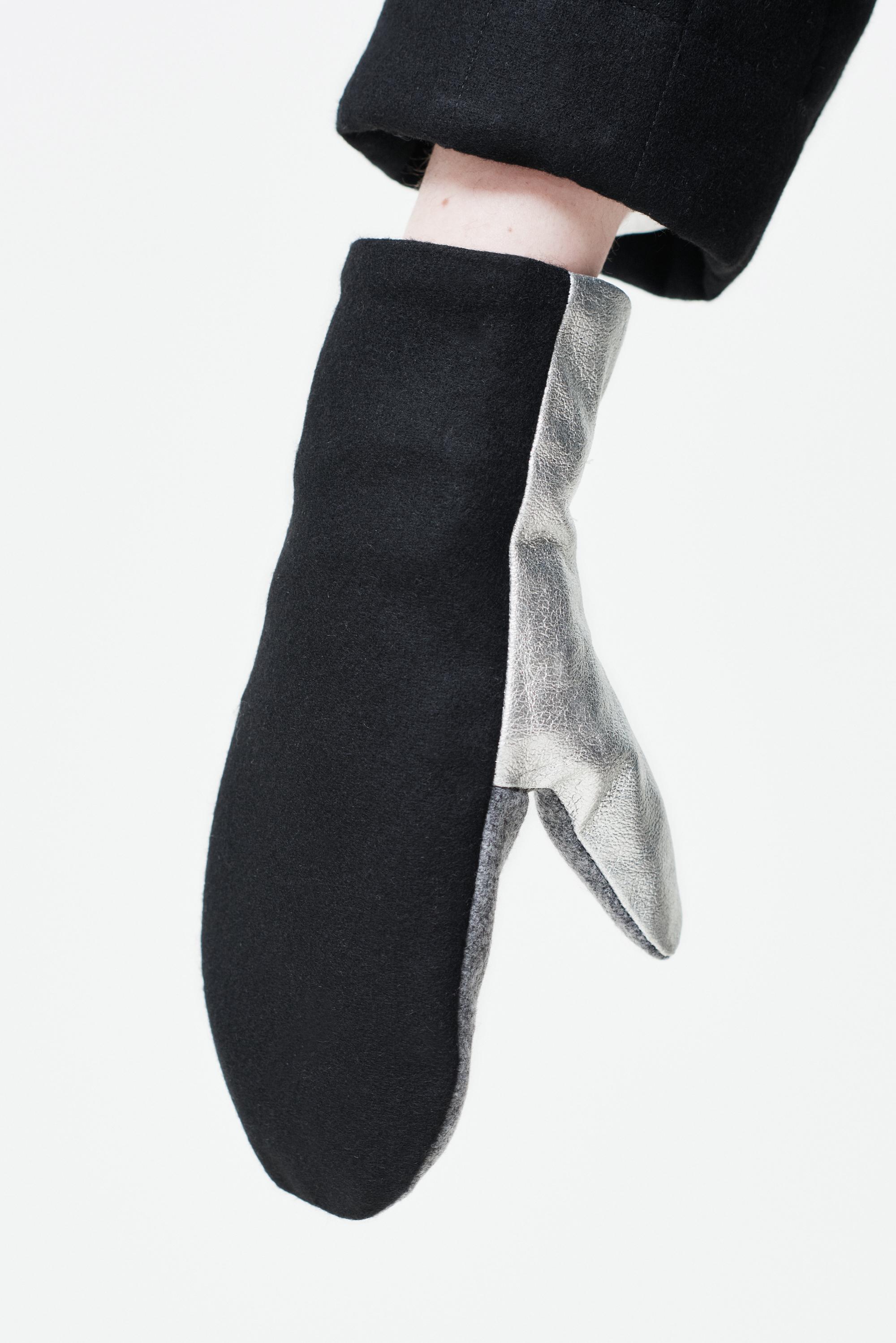 Black and silver mitten with contrasting materials